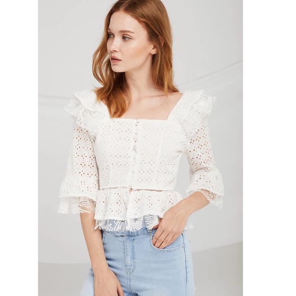 Zara Tops - ZARA white lace eyelet puff sleeve peplum top XS